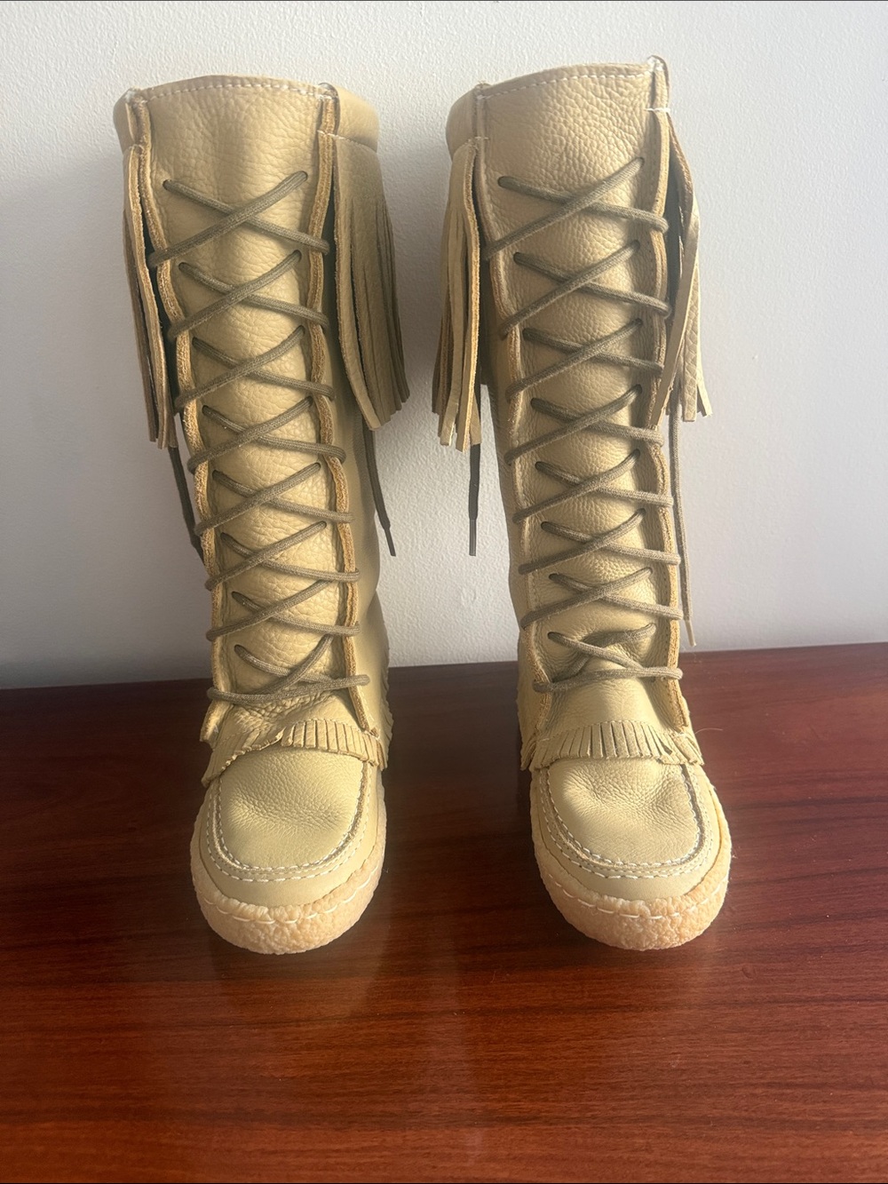 Women's Lace-Up Fringe Leather Boots  with a Warm Lining, Tan, brand new